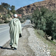 An elderly Moroccan man in a traditional djellaba walking along a quiet rural road lined with argan trees in the Essaouira region, surrounded by nature and soft sunlight.