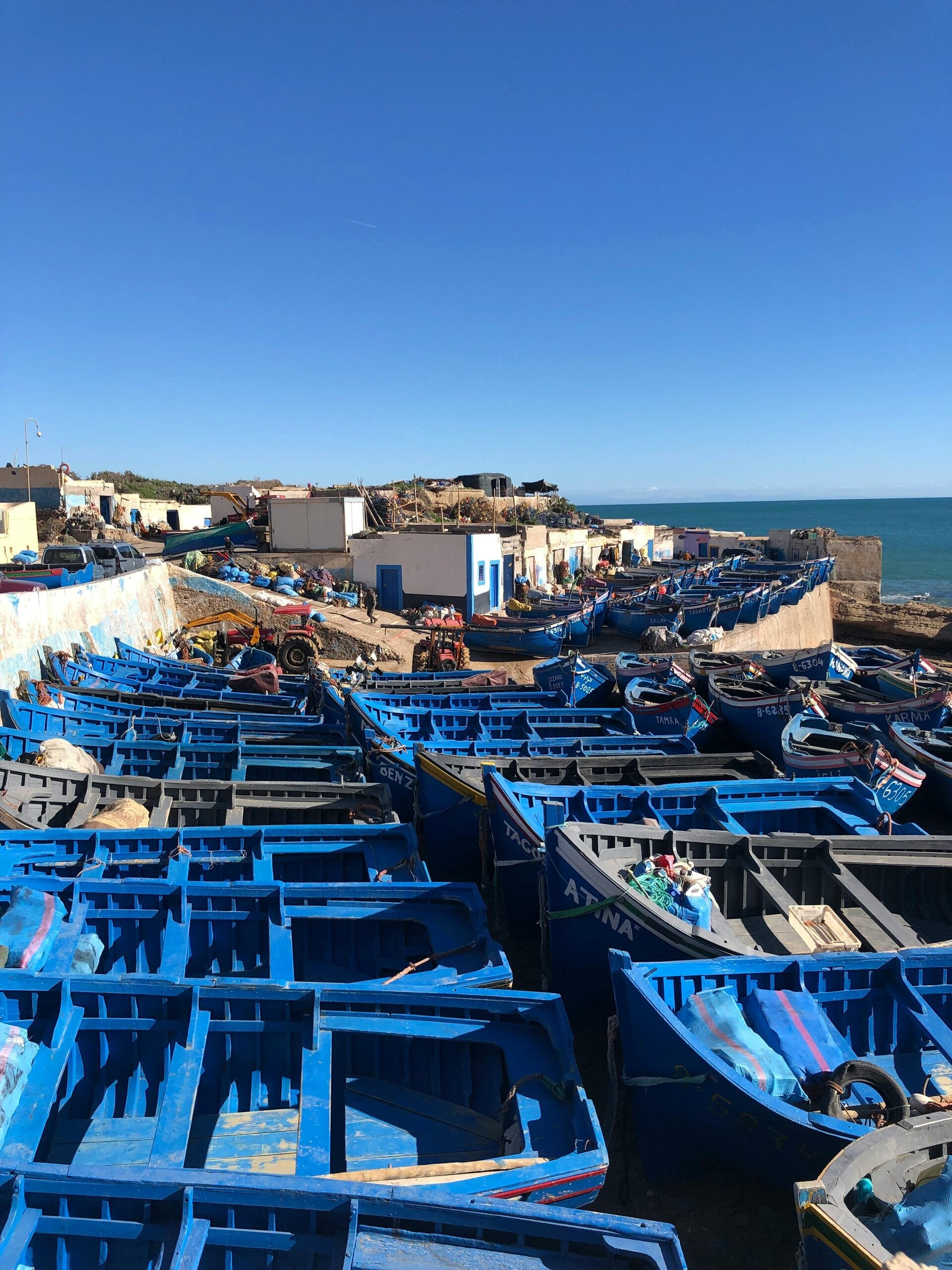 Blue fishing boats lined up on the shore in Essaouira with the calm sea and horizon in the background.