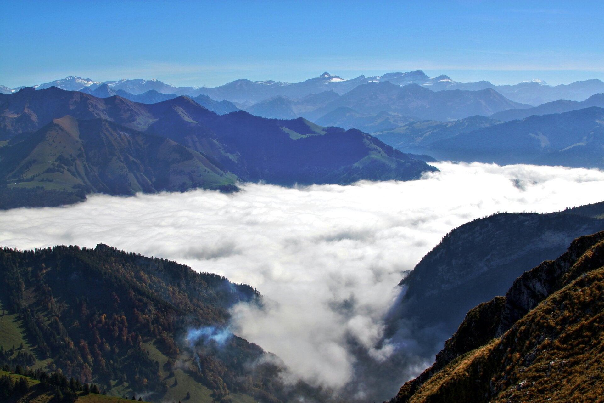Vue panoramique sur un lac entouré de montagnes