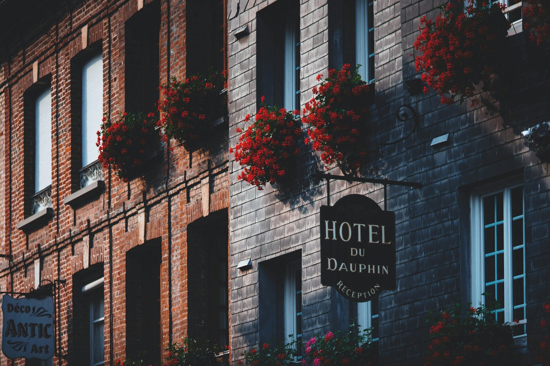 Balcones con flores rojas encima dl Cartel del Hotel Du Dalphin