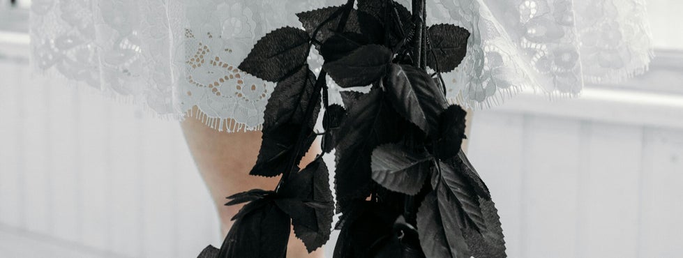 Zwarte bos droogbloemen op een beige achtergrond met tekst: "black beauties"