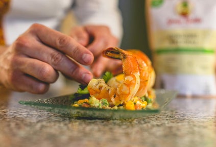 Jumbo shrimp with avocado salsa. one of our signature tasting menu dishes