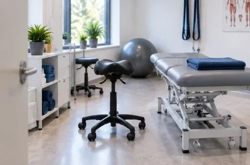 Compacte zadelkruk naast een behandelbank in een fysiotherapiepraktijk