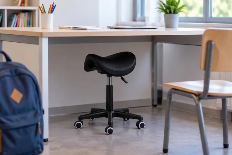 Compacte zadelkruk onder een tafel in een klaslokaal