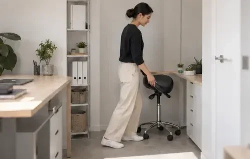 Compacte zadelkruk in een kleine professionele werkruimte.