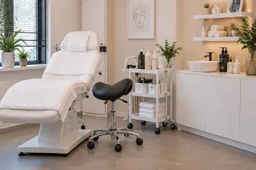 Compacte zadelkruk naast de behandelstoel in een schoonheidssalon