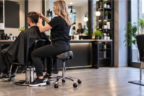 Kapsters op een zadelkruk in de kapsalon