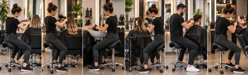 Kapster gebruikt een kapperskruk bij verschillende werkzaamheden in de kapsalon