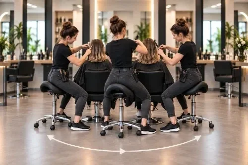 Kapster beweegt op een kapperskruk rondom de klant tijdens het knippen