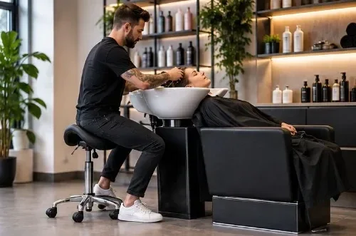 Kapper op een kapperskruk tijdens het wassen van het haar van een klant