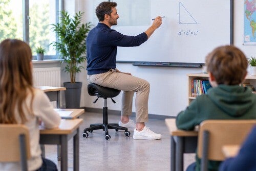 Leerkracht zit voor de klas op zadelkruk