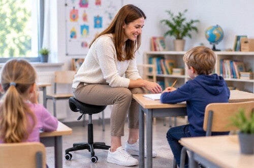 Leerkracht zittend op een zadelkruk bij leerling