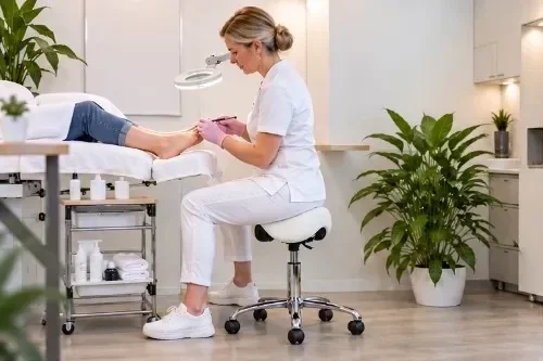 Pedicure op een zadelkruk tijdens de behandeling van een klant