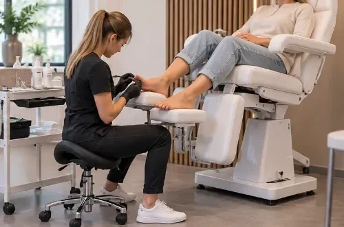 Pedicure op een zadelkruk tijdens een voetbehandeling bij een behandelstoel