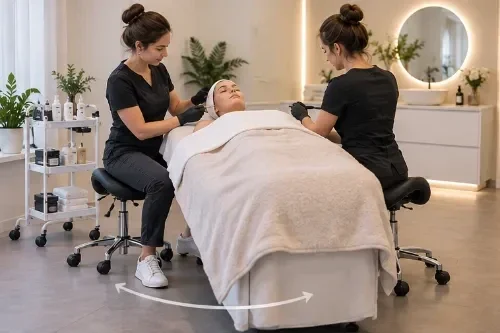 Schoonheidsspecialiste beweegt op een zadelkruk rondom de behandelbank tijdens een behandeling