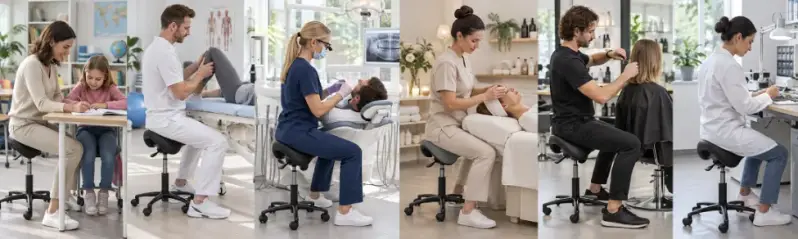 Professionals gebruiken zadelkrukken in het onderwijs, de fysiotherapie, mondzorg, beautybranche, kapsalon en werkruimte.