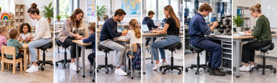 Zes leerkrachten zittend op een zadelkruk