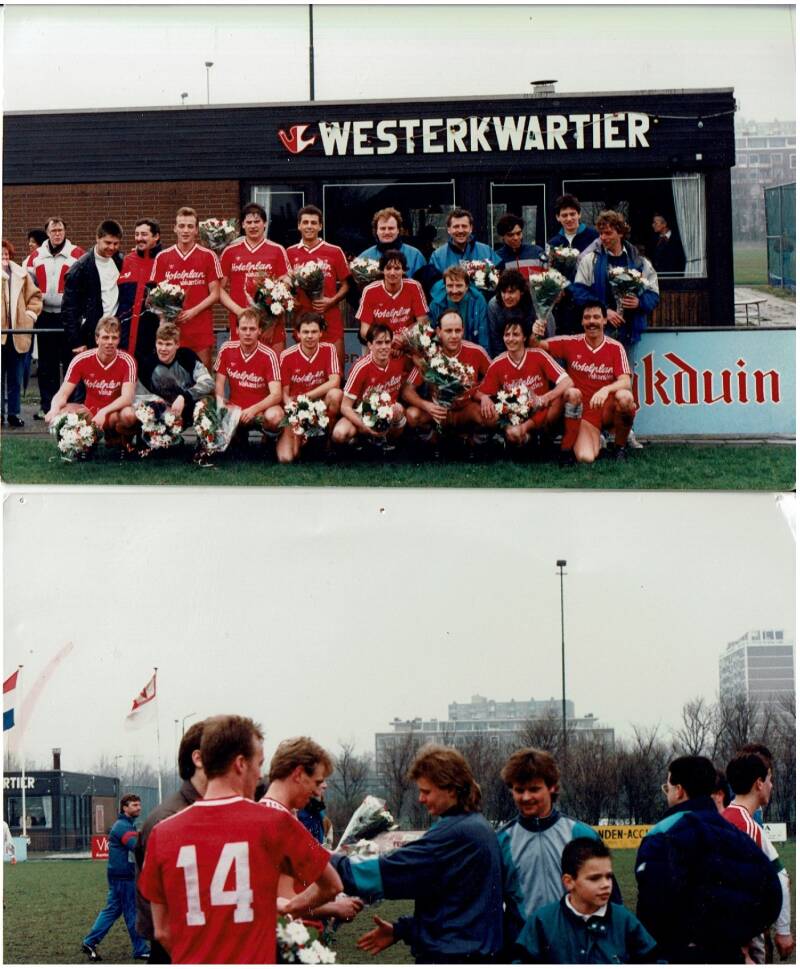 Foto&#039;s 13 en 14. WK 2 kampioen. Pappe en Hoogland zijn bloemenjongens. Namen: zie onderaan de fotoserie.
