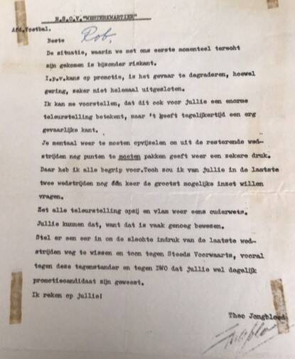 Briefje van voorzitter Theo Jongbloed '74/'75.