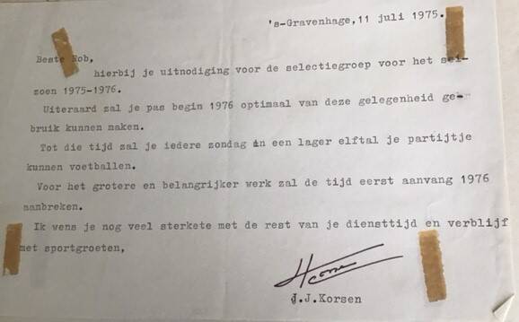 Briefje degradatie van Theo JBriefje van trainer Jaap Korsen, seizoen '75/'76.