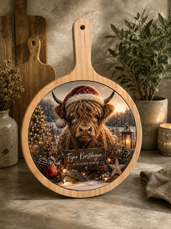 Plank met kerst schotse hooglander op tegel