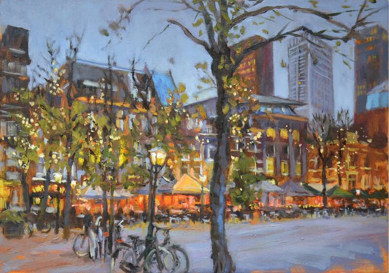 Lichtjes op Plein | 20 x 30 cm | olieverf op paneel | 2024
