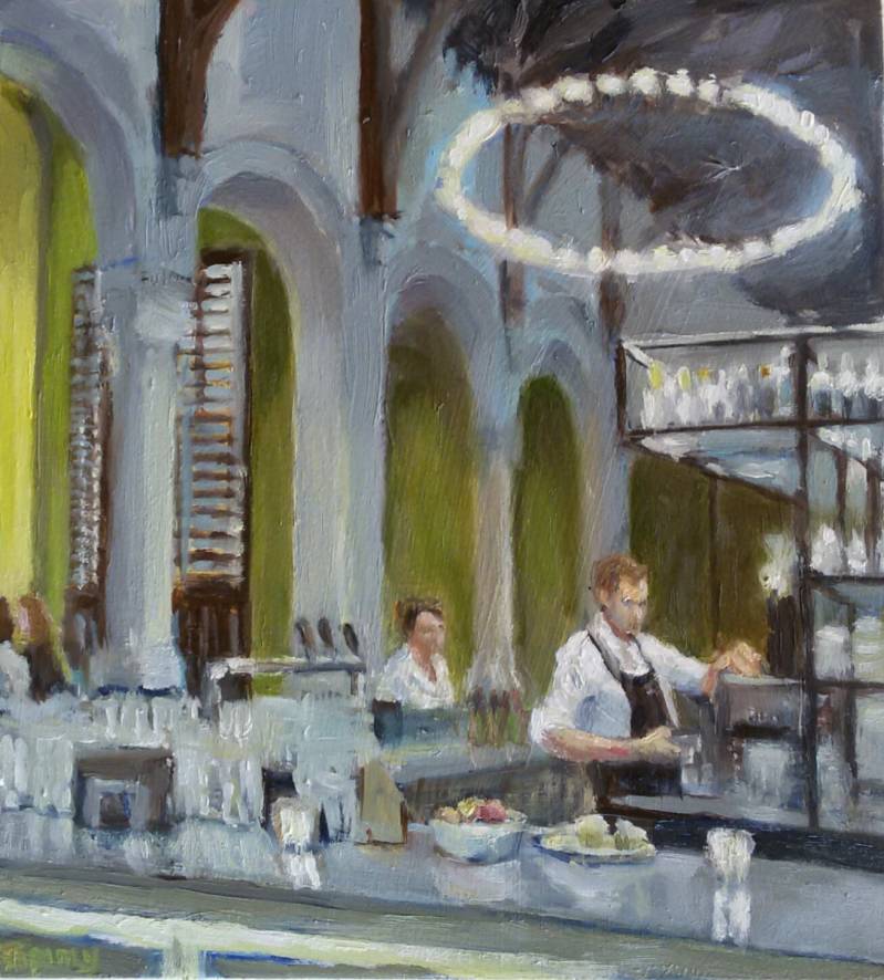 Koffie in Post Plaza | olieverf op blokpaneel | 2018 | verkocht