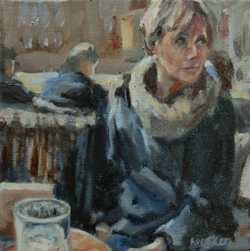 Terrasje in april | 20 x 20 cm | olieverf op doek | verkocht