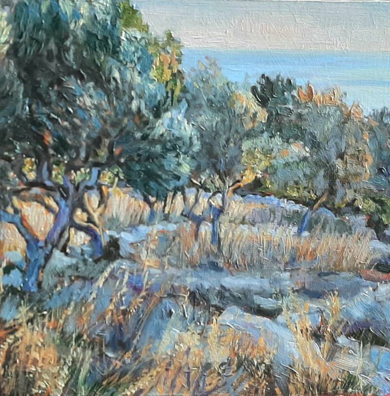 Oude olijfboomgaard 1 | 20 x 20 cm | olieverf op blokpaneel | 2022 verkocht