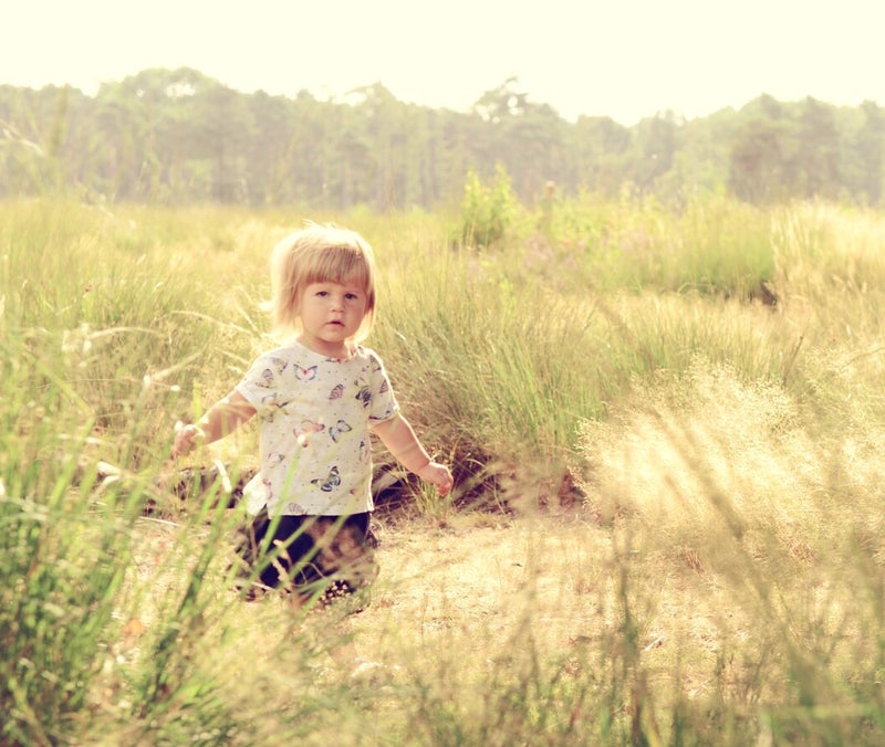 Een kind rennend over de Strabrechtse Heide in Noord Brabant tijdens een fotoshoot in het gouden uurtje
