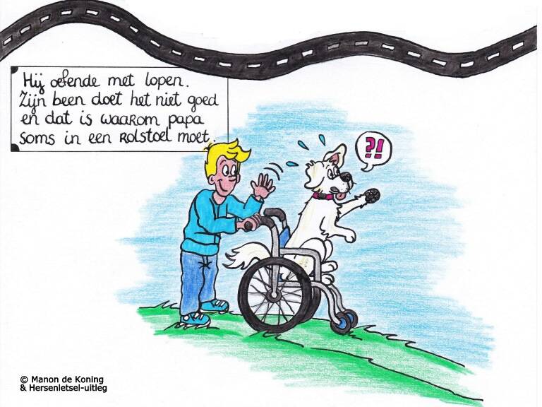 6 Hij oefende met lopen. Zijn been deed het niet goed. En dat is waarom papa soms in een rolstoel moet.