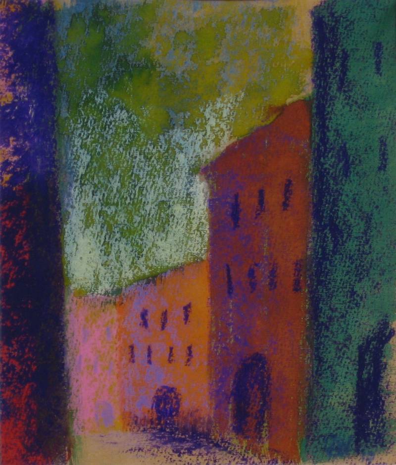 Toscaans stadje, oliepastelkrijt en ecoline op papier (verkocht)