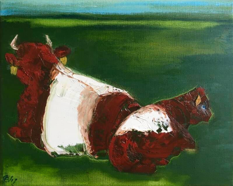 Lakenvelder koe met kalfje, olieverf op doek, 24x30cm