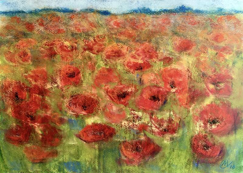 Klaprozenveld bij Giverny (2018) pastelkrijt op papier, 30x40cm, in passepartout 40x50cm VERKOCHT