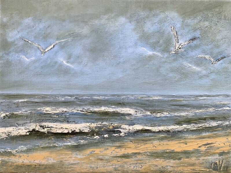 Zeemeeuwen boven de Noordzee I (2017) olieverf op doek, 30x40cm VERKOCHT