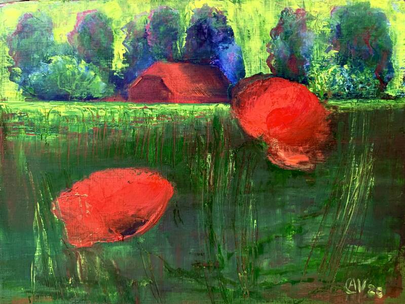 Huisje, boompje, bloemetje/Dutch landscape with poppies (2020) olieverf op papier, 30x40cm, in passe-partout 40x50cm VERKOCHT