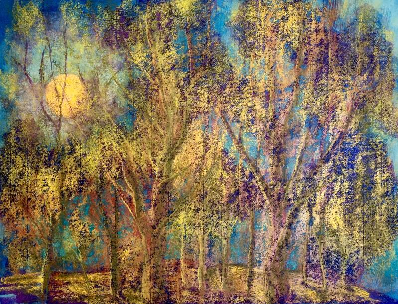 Herfstbos bij volle maan (2012) oliepastelkrijt en ecoline op papier, 46x60cm VERKOCHT