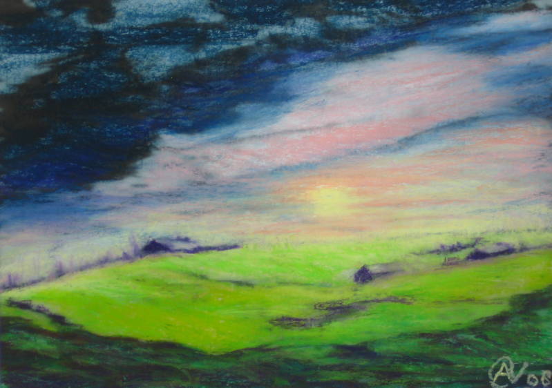 Avondlicht, oliepastelkrijt op papier, A4-formaat