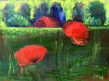 Huisje, boompje, bloemetje/Dutch landscape with poppies (2020) olieverf op papier, 30x40cm, in passe-partout 40x50cm VERKOCHT