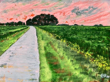 De hittegolf komt eraan/Road to Nowhere (2020) olieverf op papier, 36x48cm, in passe-partout 50x60cm VERKOCHT