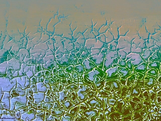 Abstracte digitale kunst, organische vormen, lila en groen, print op dibond