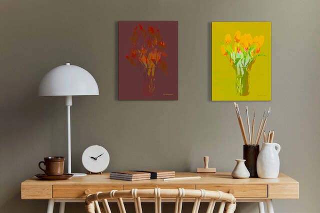 voorbeeld van digitale kunstwerken in een interieur (zowel apart als samen verkrijgbaar)