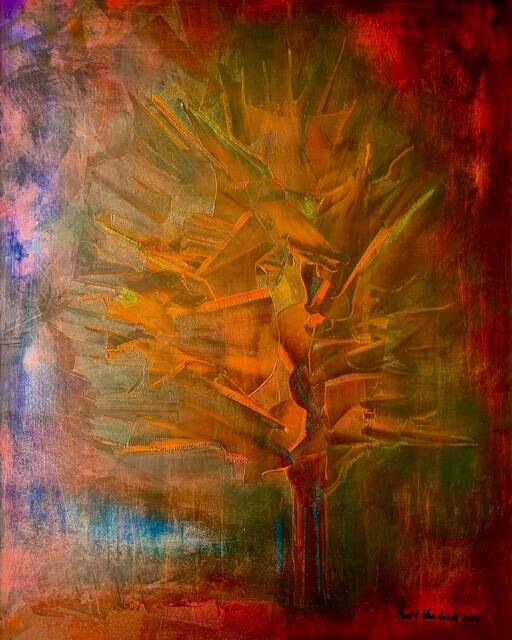 Herfstboom. olieverf op gessobord, 50x40cm