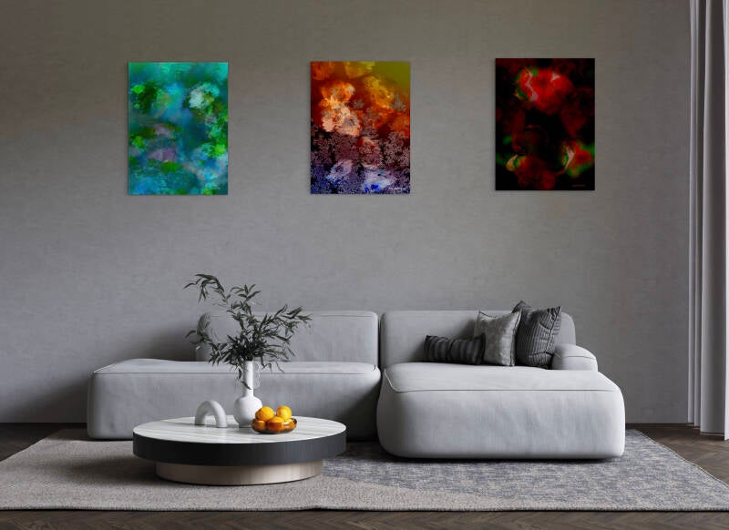 voorbeeld van digitale kunstwerken in een interieur (deze digitale schilderijen zijn zowel apart als samen verkrijgbaar)