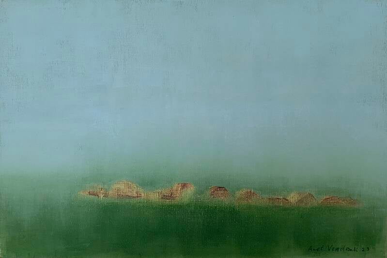 Schilderij in olieverf op paneel., ingelijst in houten frame, semiabstract, polderlandschap