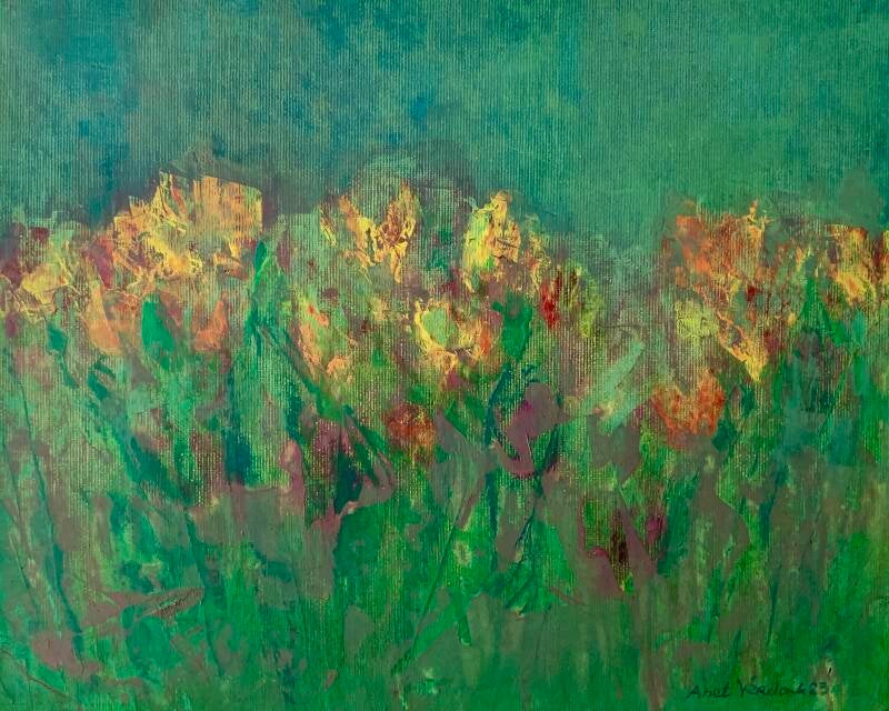 Schilderij in olieverf op paneel, ingelijst in houten frame, semi-abstract,, tulpen, bloemen