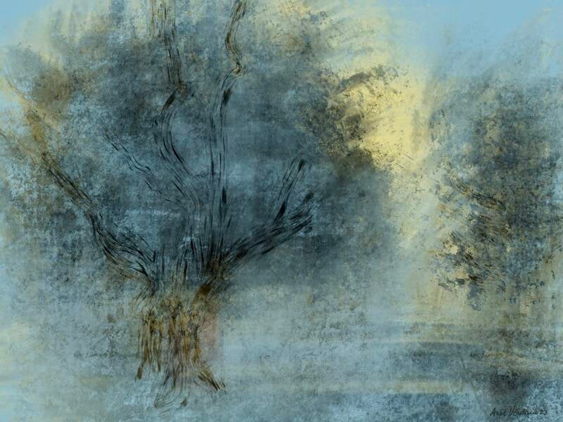 Oude boom in winterlicht, digitale kunst, 30x30cm