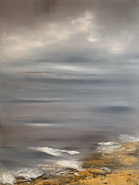 Zee, zand en wolken, olieverf op doek, 80x60cm
