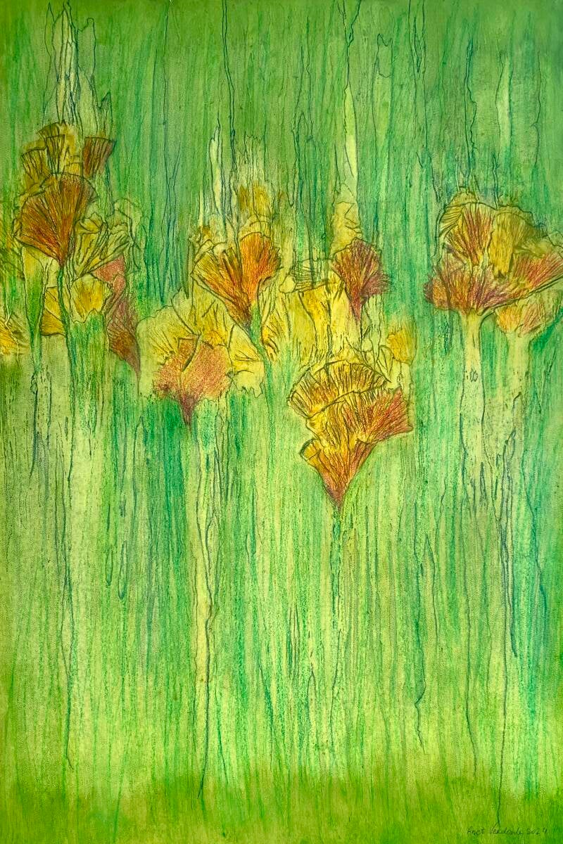 Gele irissen, olieverf en kleurpotlood op gessobord, 60x40cm