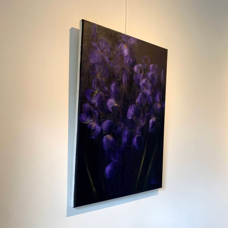 Schilderij aan de muur: Irissen, olieverf op doek, 60x40cm